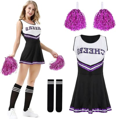 Cheerleader kostuum voor vrouwen en meisjes, feestoutfit voor volwassenen, ideaal voor carnaval, Halloween en themafeesten met pompoms en sokken.