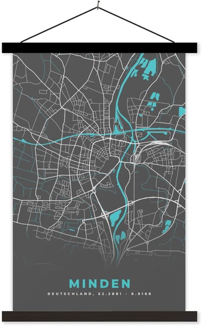 Posterhanger incl. Poster 60x90 cm - Schoolplaat - Stadskaart – Kaart – Minden – Blauw – Duitsland – Plattegrond - Textielposter - Zwarte latten - Stadskaart