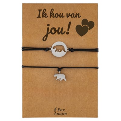 Vriendschapsarmbandjes voor 2 "Ik Hou van Jou" - Beertjes - Koppel Armbandjes met Lief Cadeau Kaartje - Zilverkleurig - Elastisch Verstelbaar - Pax Amare