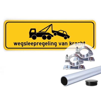 Wegsleepregeling - geel - Weerbestendig Aluminium - 40x15 cm - Bevestiging: Met paal 120 cm + paalbeugels + paaldop