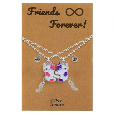 BFF Ketting voor 2 ' Friends Forever' - Magnetische Katjes - Vriendschapsketting op Cadeau Kaartje - 45cm + 5cm verstelbaar - Zilverkleurig - Best Friends Hanger - Pax Amare