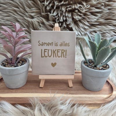 Robuust wenstegeltje “Samen is alles leuker!” – Liefde & Vriendschap Cadeau – Keramiek – Decoratie – Relatie Cadeautje – Vriendschap - Trendy nu – Decoratief Tegeltje met Standaard – Cadeau Idee