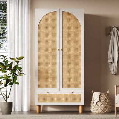Kledingkast - Ademend rotan paneel - 180 x 85x 52 cm -Opbergkast - Met Grote Lade - Met in hoogte verstelbare legplanken - Wit
