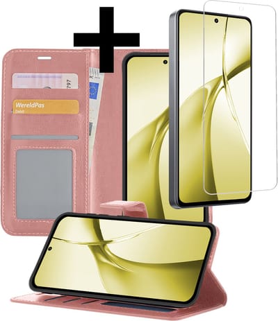 Hoesje - Met Screenprotector - Geschikt voor OnePlus Nord CE4 - Luxe Pasjeshouder - Bookcase Portemonee - Flip Case - Kunstleer Book Case - Flipcase - Book Cover - Walletcase - Portemonneehoes - Telefoonhoesjes - Rosé goud