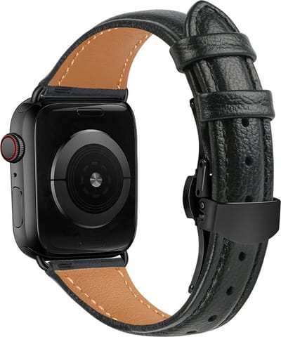 Leren bandje - geschikt voor Apple Watch 1/2/3/4/5/6/7/8/9/10/11/ SE (1,2,3) met maat 38 mm / 40 mm / 41 mm en 42 mm (Watch 10/11) - zwart