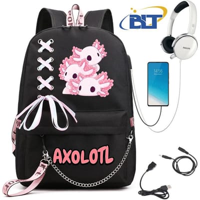 Schattige Axolotl bedrukte studentenschooltas voor meisjes zwarte rugzak usb kindertas casual tas terug naar school cadeau