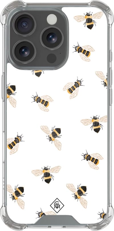 Casimoda® hoesje - Geschikt voor iPhone 16 Pro - Bee Happy - Shockproof case - Extra sterk - Siliconen/TPU - Bruin/beige, Transparant