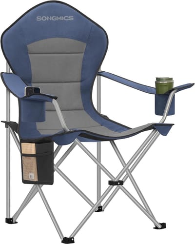 SONGMICS Campingklapstoel, brede zitting, hoge rugleuning, draagbare visstoel met bekerhouder, telefoonhouder, stoffen organizer
