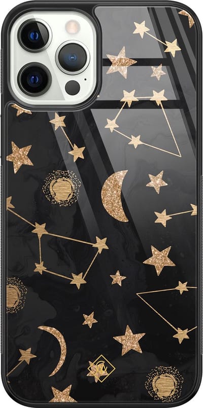 Casimoda® hoesje - Geschikt voor iPhone 12 Pro - Counting The Stars - Luxe Hard Case Zwart - Backcover telefoonhoesje - Goudkleurig