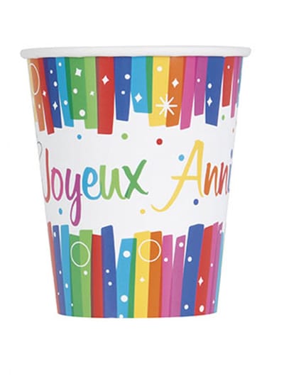 UNIQUE - 8 meerkleurige papieren bekers "Fijne Verjaardag" 266 ml feestdecoratie