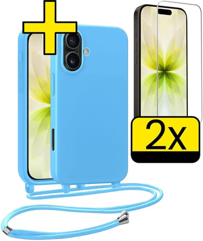 Hoesje Geschikt voor iPhone 17 Hoesje Met Koord Met 2x Screenprotector Siliconen Case - Hoes Geschikt voor iPhone 17 Backcover Met Afneembaar Koord - Lichtblauw