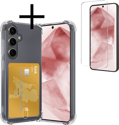 Hoesje - Geschikt voor Samsung Galaxy A55 - Met Screenprotector - En Pashouder - En Kaarthouder - Telefoon Hoes Shockproof - Siliconen Case - Back Cover - Shock Proof - Pasjes Houder - Transparant