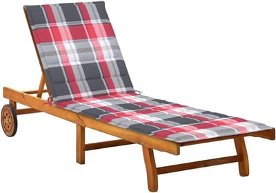 Tuinligstoel met kussen - Zonnebed Hout - Ontspannen Buiten - Verstelbare Rugleuning - 200 cm Lengte - Rood ruitpatroon
