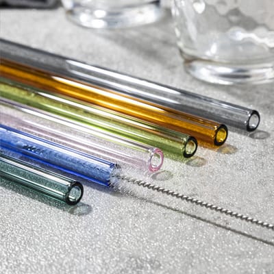 HI rietjes recht - set 12x - glas - met rager - gekleurd - 23 cm