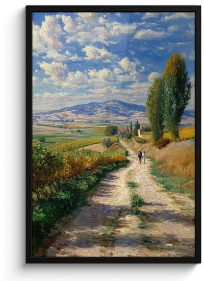 Poster in lijst - Fotolijst 60x90 cm - Posters - Mensen - Wandelen - Zandpad - Velden - Posterlijst zwart - Decoratie - Wanddecoratie woonkamer - Muurdecoratie slaapkamer