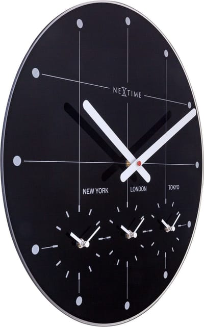 NeXtime Big City – Wereldtijden Wandklok – 43 cm – Glas – Zwart – Stil