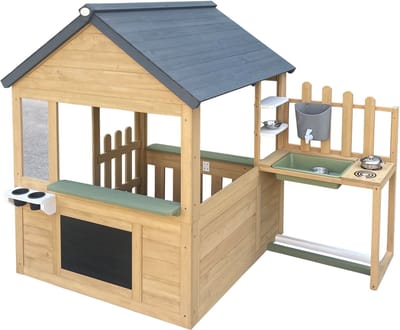 AXI Lizz Speelhuis Bruin/antraciet – Houten Speelhuisje met Speelkeuken, Krijtbord, Spiegel, Bloempotten en accessoires – FSC hout – Tuinhuisje voor Kinderen – 10 jaar garantie