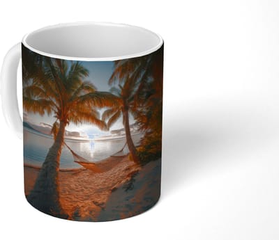 Mok - Koffiemok - Palmbomen - Hangmat - Strand - Zonsondergang - Mokken - 350 ML - Beker - Koffiemokken - Theemok
