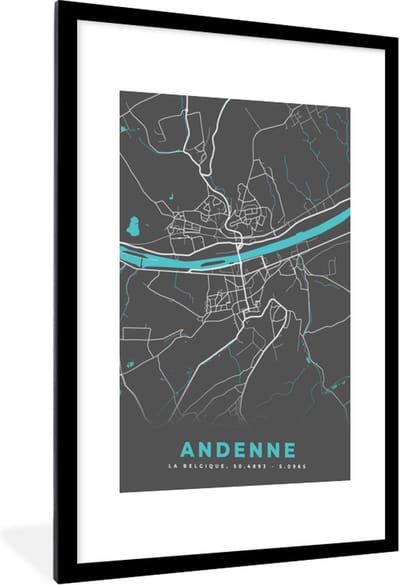 Fotolijst incl. Poster - Stadskaart – Grijs - Kaart – Andenne – België – Plattegrond - 60x90 cm - Posterlijst