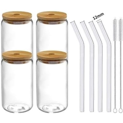 1/4/6 stuks Set Glazen Beker met Deksel en Rietje Sapglas Bierblik Melk Mocha Beker Transparante Bubble Tea Beker Hoog Borosilicaatglas 350ml