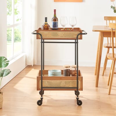 Keukentrolley Tervola 80,5x61x39 cm zwart en houtkleurig rotan look [en.casa]