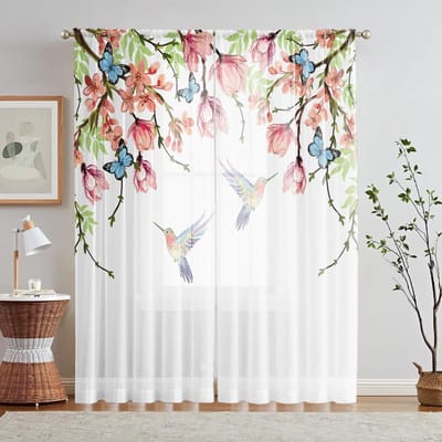 2 Stuks HD Digitaal Lente Kolibrie Bloemenprint Gordijnen Woondecoratie Stijl Decoreren Woonkamer Slaapkamer Roede Gordijnen W52H63inchW132H160cm white