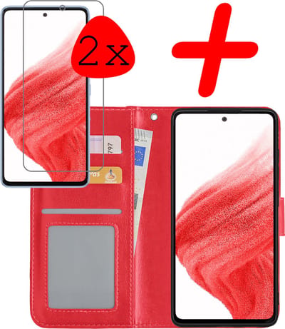Hoesje Met 2x Screenprotector - Geschikt voor Samsung Galaxy A53 - Luxe Pasjeshouder - Bookcase Portemonee - Flip Case - Kunstleer Book Case - Flipcase Hoes - Book Cover - Walletcase - Portemonneehoes - Rood