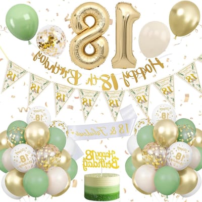 18e Verjaardag Decoratie - Feestartikelen Set - Verjaardagsfeest - Sage Groen Thema - 38 Stuks - Groen Wit Goud