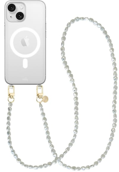 xoxo Wildhearts magnetisch hoesje geschikt voor iPhone 15 Plus MagSafe - Pearlfection - Transparant telefoonhoesje met koord - Telefoonkoord met parels - Parelketting - Lang koord