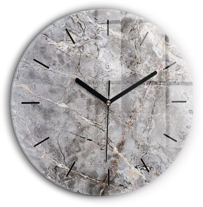 Wallfluent Wandklok - Grijs graniet marmer Klok met Print - 60 cm x 60 cm - Grijs Wandklok - Zwarte Handen - Wandklok Zonder Cijfers - Stille Wandklok Slaapkamer - Ronde Glas Klok - Minimalistisch Wandklok - Klok met Afbeelding