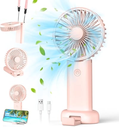 Draagbare ventilator, mini handventilator, kleine reisventilator, oplaadbare handventilator met 3 snelheden, persoonlijke ventilator voor buitengebruik, reizen, kantoor, kamperen (roze)