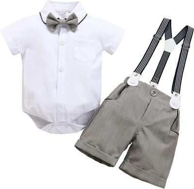Schattige Jongens Kostuum Set: Katoenen Overhemd, Strik en Breton Broek met Bretels