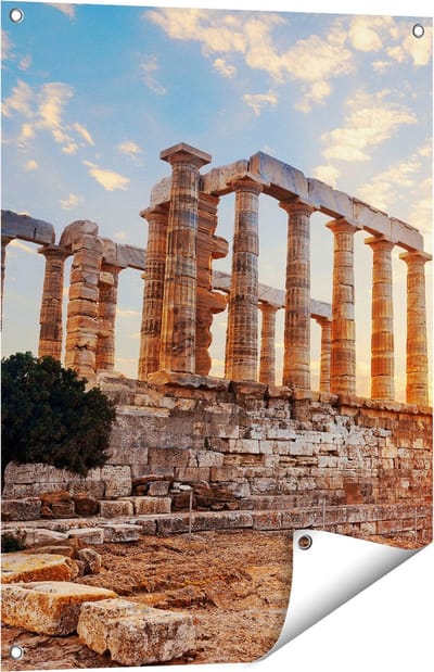 Gards Tuinposter Tempel van Poseidon in Athene, Griekenland - 60x80 cm - Tuindoek - Tuindecoratie - Wanddecoratie buiten - Tuinschilderij