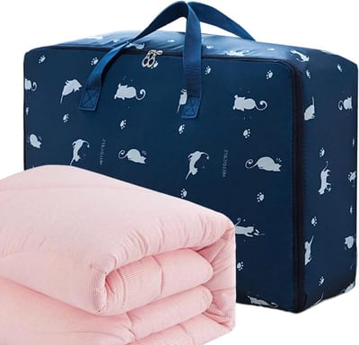 Dekbed Opbergzak - Deken Organizer - Ruimte Besparen - Versterkte Constructie - 55x33x20 cm - Marineblauwe kat