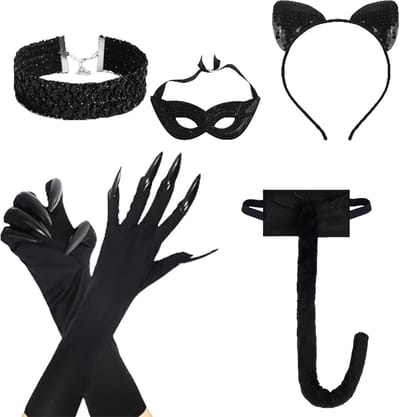 Zwart Kat Kostuum voor Dames met Hoofdband, Masker, Choker, Handschoenen en Staart voor Halloween en Cosplay Accessoires