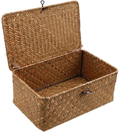 Woven Rattan Opbergmand met Deksel - Seagrass Wasmand en Make-up Organizer voor Badkamer, Woonkamer of Keuken (S)