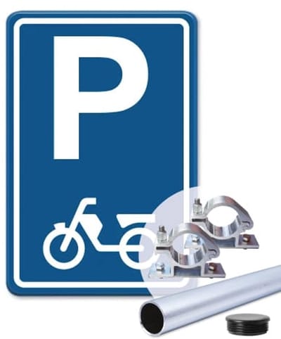 Parkeerbord Bromfiets - blauw - Weerbestendig Aluminium - 30x45 cm - Bevestiging: Met paal 150 cm + paalbeugels + paaldop
