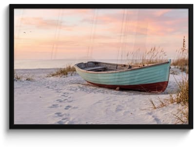 Poster in lijst - Fotolijst 90x60 cm - Posters - Rustiek - Roeiboot - Zandstrand - Posterlijst zwart - Decoratie - Wanddecoratie woonkamer - Muurdecoratie slaapkamer