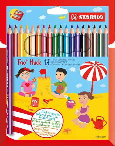 STABILO Trio Thick - Dik Driekantig Kleurpotlood - Met Extra Dikke Kern 4,2 mm - Etui Met 18 Kleuren + puntenslijper