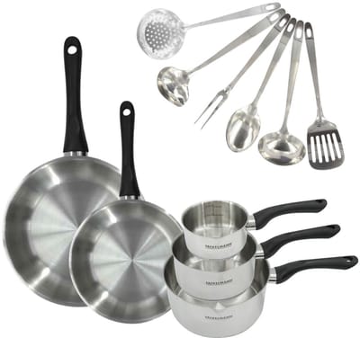 Set 2 pannen 20 en 28 cm, 3 roestvrijstalen steelpannen en 6 roestvrijstalen keukengerei Fackelmann Geneva