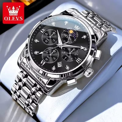 HO-3655.z-zw : OLEVS zilverkl edelstaal chronografisch quartz horloge, zwarte wijzerplaat, 2de tijdzone & uren & minuten & maanfase -aanduiding, diamant, zirkonia