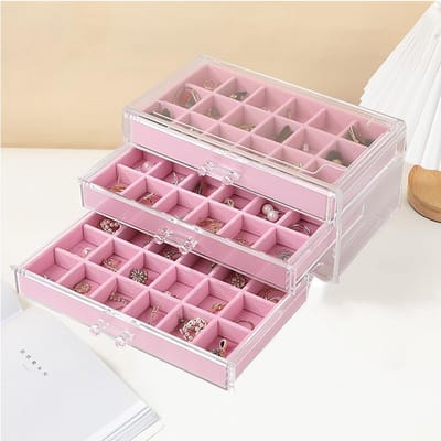 Sieradenopbergdoos voor Oorbellen, Acryl Organizer met Fluwelen Tablets, 3 Laden voor Vrouwen en Meisjes, Ideaal voor Sieraden en Accessoires