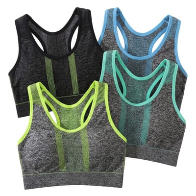 Grijs sport beha dames – naadloze sport bh set – ademende sport top met racerback en kleur blok rand – elastische sport bh zonder sluiting – brede schouderbanden – fitness yoga hardlopen – maat S – set van 4