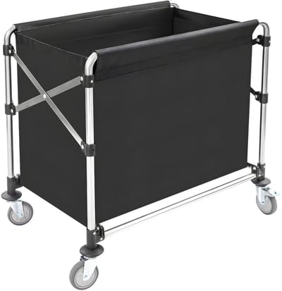 Wasmandkar – Voor hotels en woningen – opvouwbaar met zwenkwielen en metalen frame met binnenvoering, hoge draagkracht (200 kg) – metaal/kunststof – zwart
