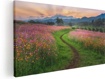 Artaza Canvas Schilderij Bloemenveld - 40x20 cm - Klein - Wanddecoratie Bloemen - Muurdecoratie Bloemenpad - Decoratie Zonsondergang