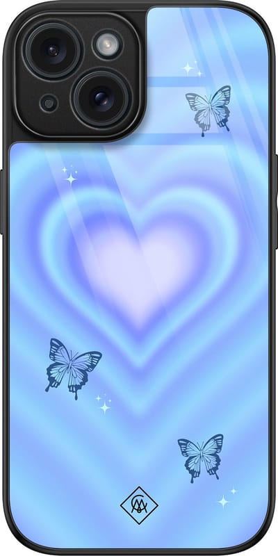 Casimoda® hoesje - Geschikt voor iPhone 15 - Retro Hart Blauw - Luxe Hard Case Zwart - Backcover telefoonhoesje - Blauw