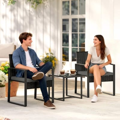 MIVRAY Bistroset 2-Persoons - Met Tafel En 2 Fauteuils - Voor Balkon En Terras - Staal Met Kunstrotan - Donkergrijs