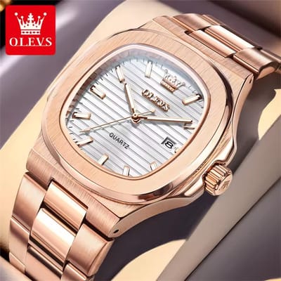HO-3696.rs-gy : Olevs roségoudkl quartz heren horloge, vierkant, zilvergrijze wijzerplaat, lamellenwand, kalenderdag