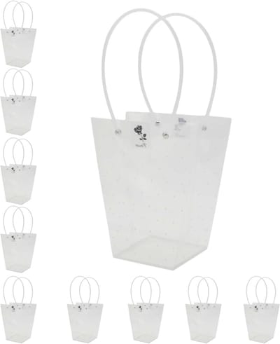 10 stuks bloemenzakken met handvat voor cadeauverpakking, geschenken en bloemen, 18 x 10 x 20 cm, helder wit