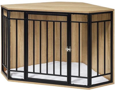 NaevaMi Hoekhondenbench - Hondenbench Hout - Hondenbench XL - Hondenkooi voor Grote, Middelgrote en Kleine Honden – Afsluitbare Deur, Sherpa Kussen, Multifunctioneel als Bijzettafel - 111x60x67 cm